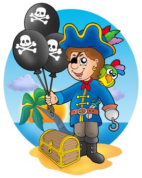 Pirate boy with balloons on beach - color illustration.