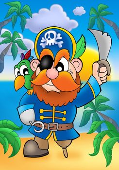 Red hair pirate with parrot - color illustration.