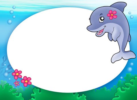 Round frame with dolphin girl - color illustration.