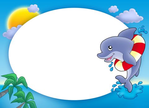 Round frame with jumping dolphin - color illustration.