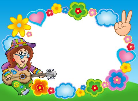 Round hippie frame with guitarist - color illustration.