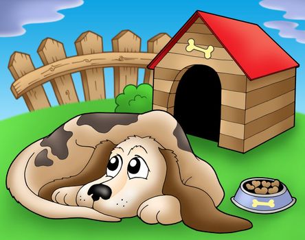 Sad dog in front of kennel 1 - color illustration.