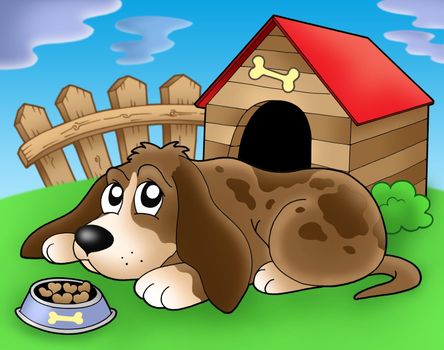 Sad dog in front of kennel 2 - color illustration.