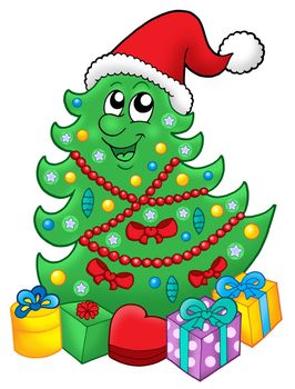 Santa xmas tree with gifts - color illustration.