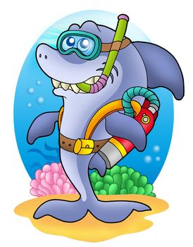 Shark scuba diver on sea bottom - color illustration.