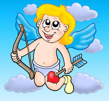 Small flying cupid with bow - color illustration.