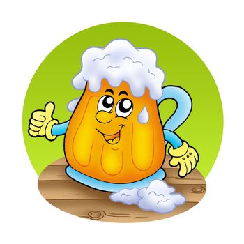 Smiling cartoon beer on wooden table - color illustration.