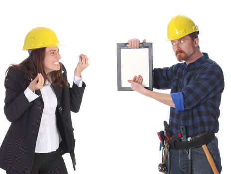 quarreling between angry businesswoman and construction worker wonderfully looking on document 