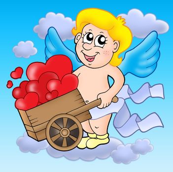 Smiling cupid with wheelbarrow - color illustration.