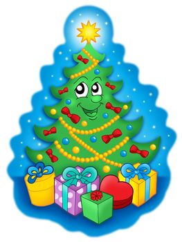 Smiling Christmas tree with gifts on blue sky - color illustration.