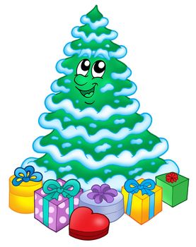 Snowy Christmas tree with gifts - color illustration.