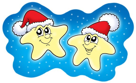 Stars in Christmas caps on blue sky - color illustration.
