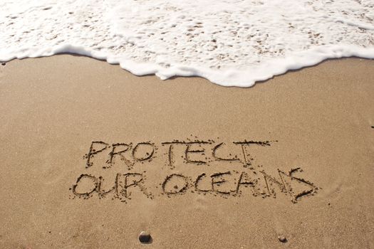 Protect our oceans written in the sand at Haumoana Beach, Hawke's Bay, New Zealand