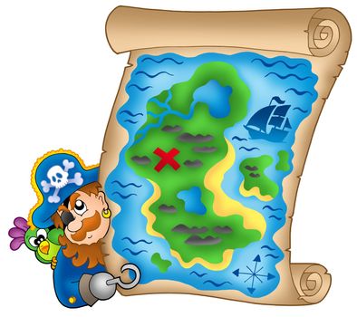 Treasure map with lurking pirate - color illustration.