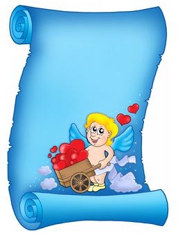 Valentine letter with wheelbarrow cupid - color illustration.