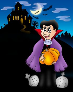 Vampire with pumpkin before house - color illustration.