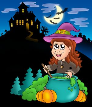 Wizard girl with haunted house - color illustration.