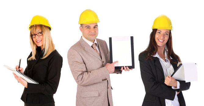 two businesswoman and businessman with documents on white background