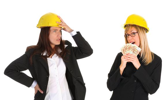 architect jealous and businesswoman with earnings on white background