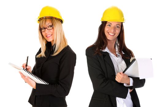 two businesswoman with architectural plans on white background