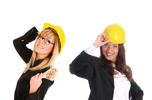 two businesswoman with with earnings on white background