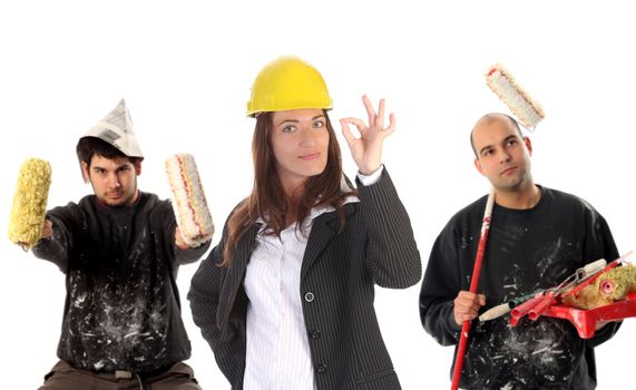 businesswoman with successful construction workers on white background