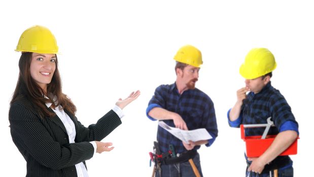 businesswoman with successful construction workers on white background