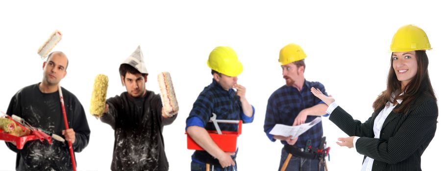 businesswoman with successful construction workers on white background