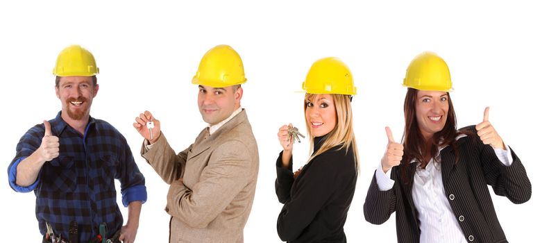 business team and construction worker on white background