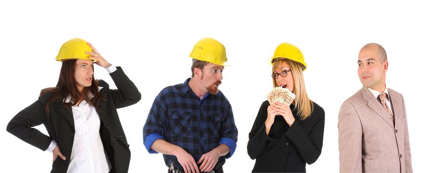 Leadership and team of workers on white background