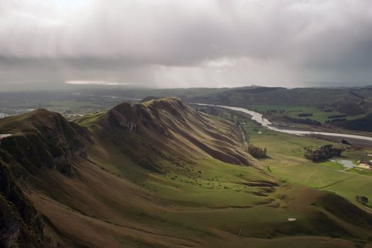 A rainy winters day in Hawke's Bay, New Zealand. View from the top of Te Mata Peak looking down Tuki Tuki River towards the coast