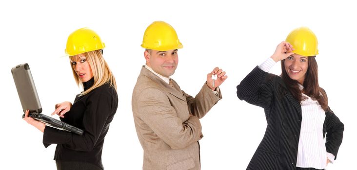 business team and construction worker on white background