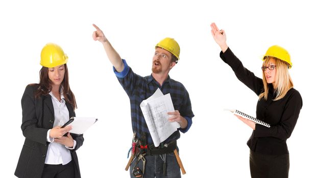 construction worker pointing on architectural plans and architect 