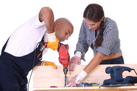 construction workers at work on white background