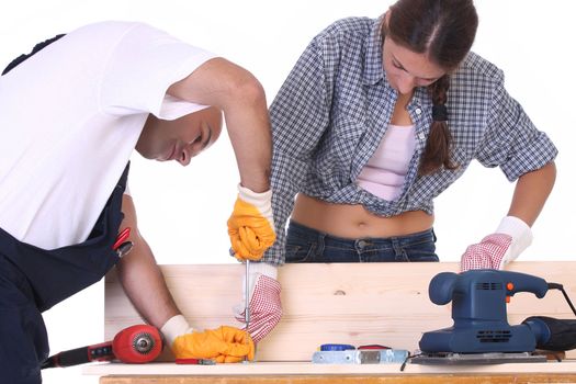 construction workers at work on white background 