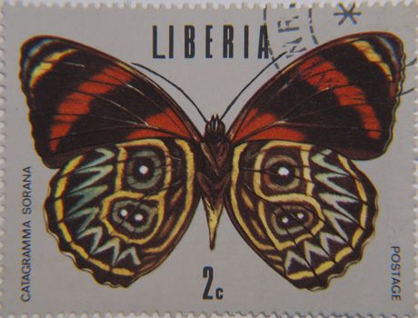 Liberia  circa 1974 a postage stamp worth 2 cents circa 1974 showing a butterfly Catagramma Sorama