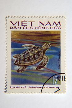 North Vietnam Circa 1975 A Postage Stamp worth 12 Xu circa 1975 showing a Leatherback Turtle  Dermochelys Coriacea