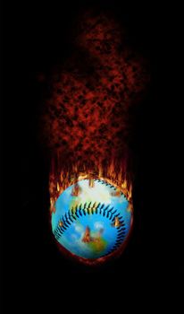 Detailed. This burning baseball globe was hit too hard - it flies with fire, fume and flames...