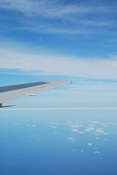 photo of a airplane wing and clouscape scene