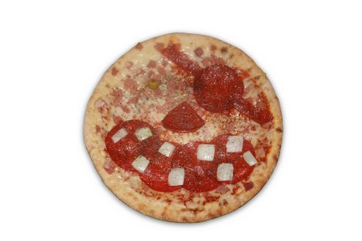 A pizza with the toppings arranged to make a pirate face.  Isolated on white with a clipping path
