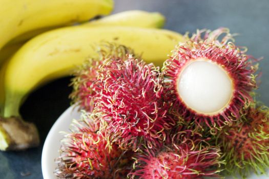 Fruit in Bangkok - bananas 10 Baht a bunch, Rambutan 15 Baht a Kilo.