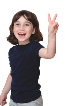 Laughing cute little years girl shows V-sign isolated
