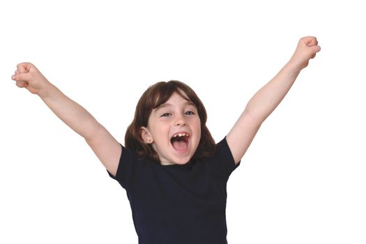 Cute little years girl raises her hands in a victory sign isolated