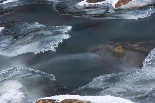 Very cold lookin river with ice.
