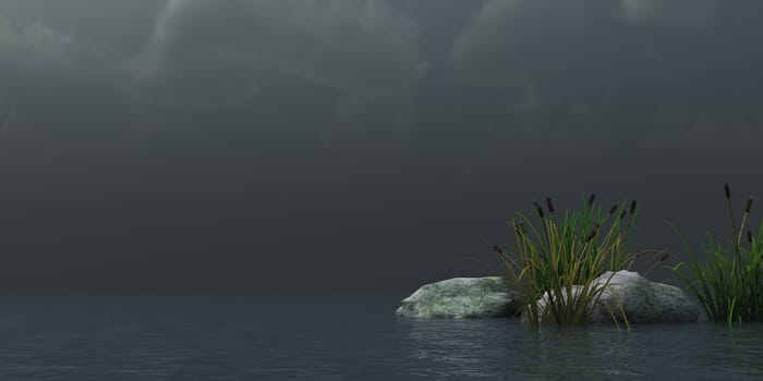 reed and stones on water under dark sky - 3d illustration