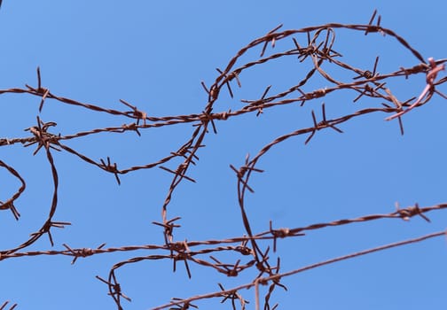 Twisted strands of barbed wire on sky background