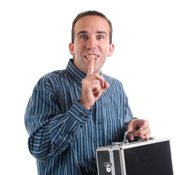 A man sneaking away a private case and telling the viewer to be quiet, isolated against a white background