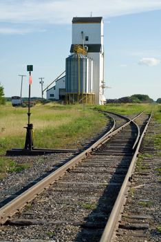 A grain elevator situated near a set of railroad tracks with the rails ending in a vanishing point