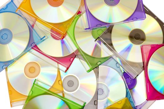 colorful CDs in boxes piled in a heap