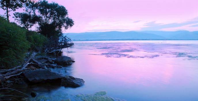 beautiful panoramic sunrise over Danube in Serbia, from riverbank